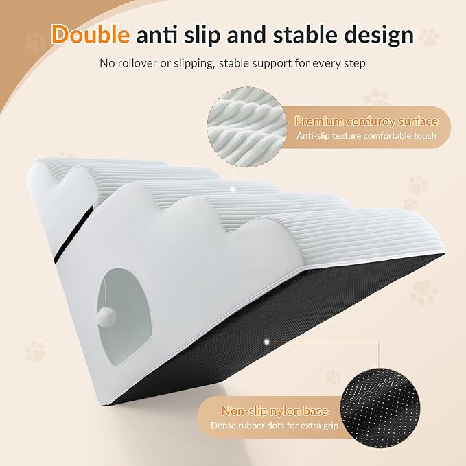 Dog Stairs for High Beds Up to 30" H with Tunnel,Extra Height 27.5" 5-Step Pet Steps for Small Dogs and Cats, Non-Slip Sturdy Dog Ramp with Anti-Tip Safety Strap and Removable Cover