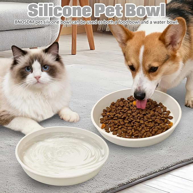 BNOSDM Silicone Cat Food Plate Shallow Dog Bowl 2 Pack Flat Puppy Feeding Dish for Small Dogs and Cats Whisker Fatigue Pet Plates for Dry and Wet Food (Beige)