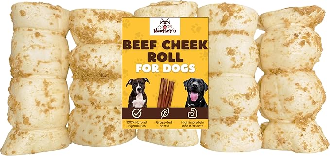 Woofley's 5-6" Bully Dusted Beef Cheek Roll - (5 Count)- Beef Cheek Rolls for Dogs - Long Lasting Natural Dog Chews