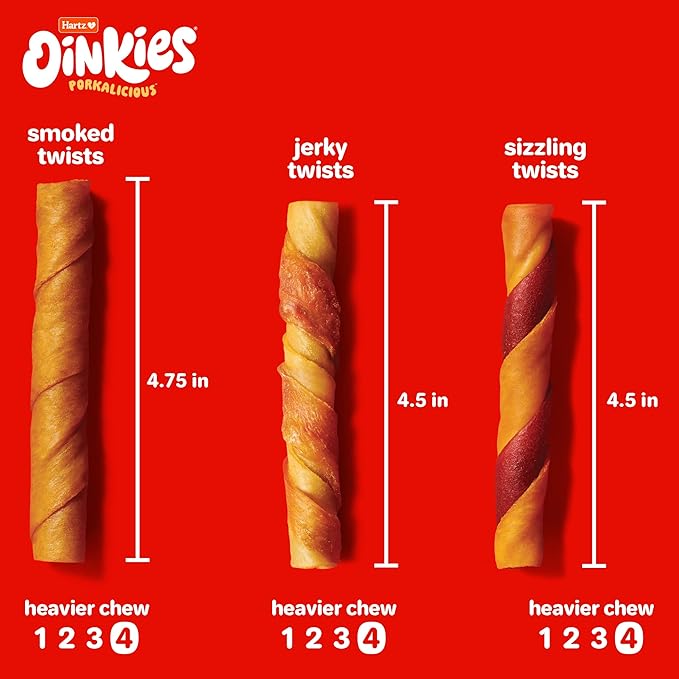 Hartz Oinkies Sizzling Twists Bacon Flavored Rawhide-Free Natural Chew Dog Treats, 8 count