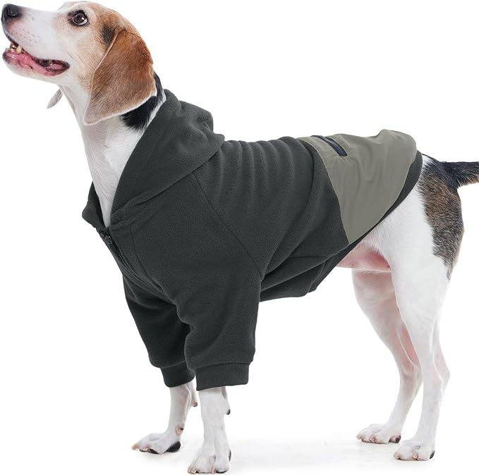 Nanaki Large Dog Hoodie with Pocket-Long Sleeves Fleece Sweater Adjustable Half-Zipperd Collar-Comfort Stretchy Dog Sweatshirt Hooded for Beagle, Warm Pullover Jacket Fall Winter Coat Grey, L