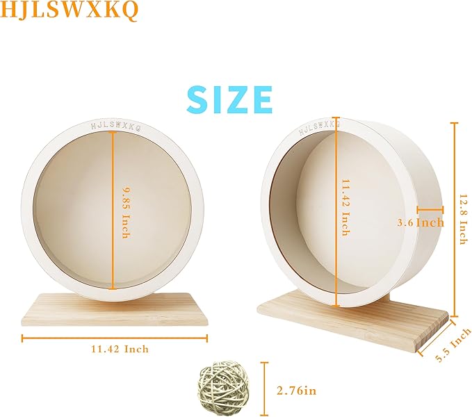 11.42in Silent Hamster Wheel with 2 Natural Chew Toys - Wooden Exercise Wheel with Removable Track, Quiet Spinner for Gerbils, Mice, Hamsters,Mouse,Syrian Hamster(11.42in)