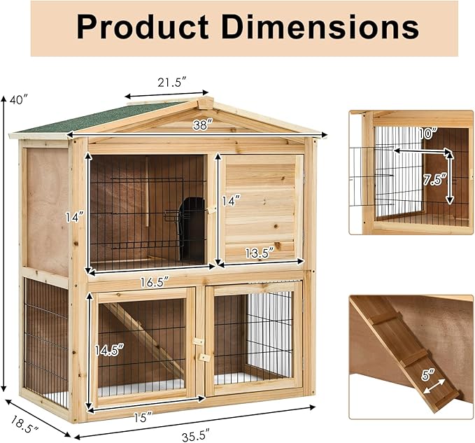 Tangkula Wood Chicken Coop and Rabbit Hutch, Indoor Outdoor Bunny Hutch with Ramp & Run, Hen Guinea Pig Cage with Waterproof Roof Ventilation Door, Pet House for Small Animals, 40 x 18.5 x 35.5 Inch