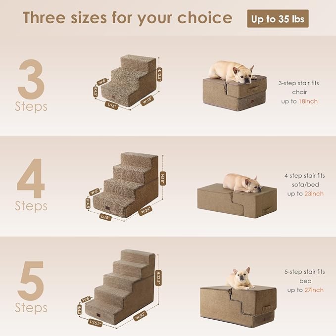 EHEYCIGA Dog Stairs for Small Dogs 13.5" H, 3-Step Dog Steps for Couch Sofa and Chair, Pet Steps for Medium Cats, Non-Slip Balanced Pet Ramp Indoor, Camel
