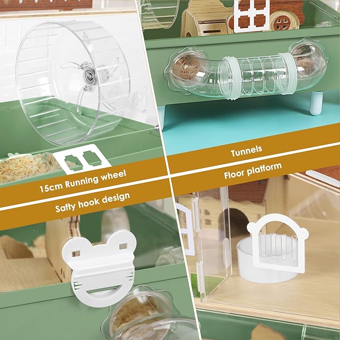 Large Hamster Cage Acrylic Hamster Enclosure with Hideout, Wheel & Tunnels Clear Hamster Habitats for Syrian Dwarf Hamster, 3 Tier Animal Gerbil Cage for Pet Mice House, 13.3" L x 9.8" W x 17.4" H