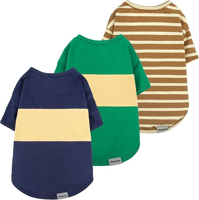 Fitwarm 3 Pack Color Block Striped Dog Shirt, Summer Dog Clothes for Small Dogs, Breathable Lightweight Dog Tshirt, Pet Outfit, Navy Blue, Sea Green, Brown, Large