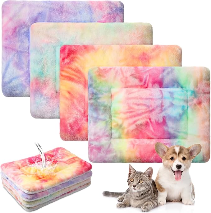 Haull 4 Pcs Waterproof Guinea Pig Bedding Guinea Pig Bed Plush Cage Liners Soft Rabbit Dog Crate Pad Cat Mat Reversible Cozy Animal Pee Pad Hamster Bunny Mat Accessory(Tie Dyed,18 x 24 Inch)