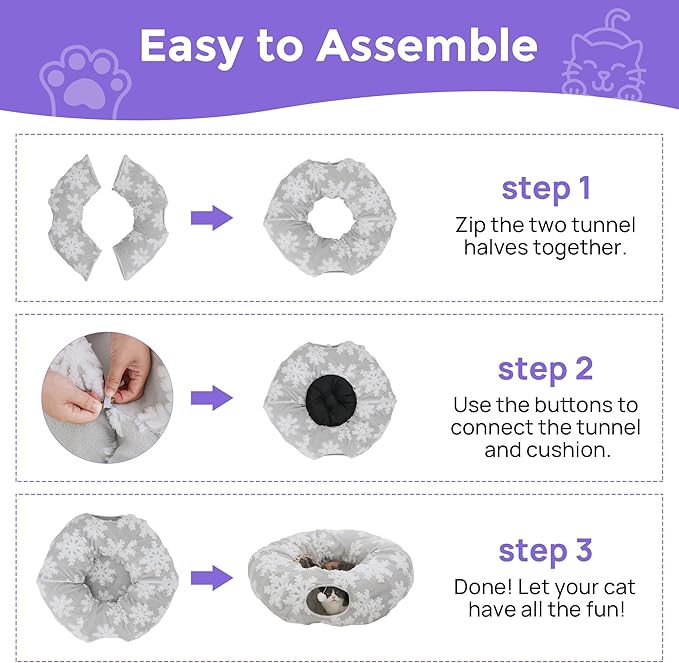 Cat Tunnel with Bed – Soft Plush Peekaboo Donut Cave for Indoor Cats | Under Christmas Tree Hideaway & Multifunctional Playground Toy for Kittens, Rabbits, Ferrets (Short-Pile Fabric Snowflake)