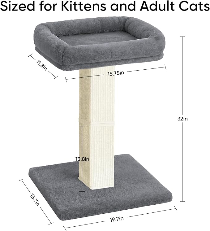 AGYM Cat Scratching Post, 32”Cat Scratcher with Large Plush Perch, Sisal & Carpet Scratching Post, Vertical Posts with Elevated Bed for Indoor Cats, Removable& Washable Cover, Grey