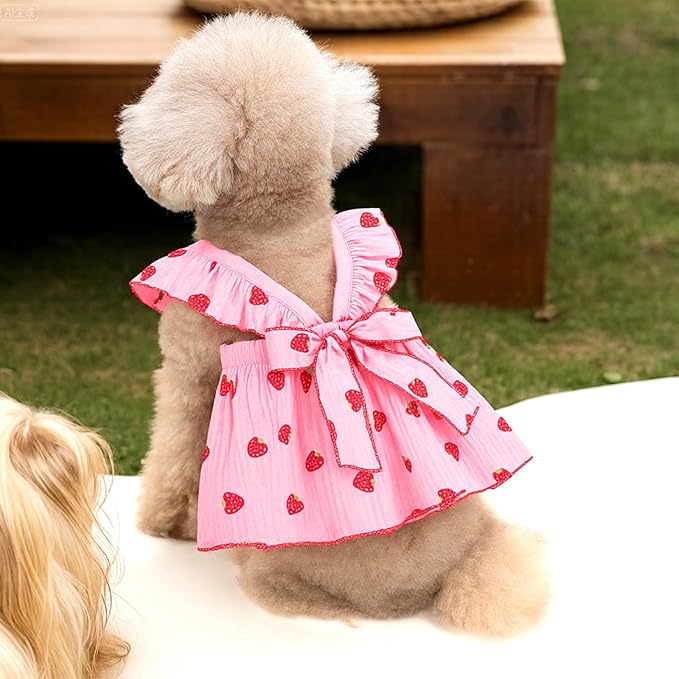 Dog Dress Clothes for Small Dogs Girl with Leash Ring & Bow Cat Dog Outfit Strawberry Printed Pet Cat Apparel Sweet Ruffled Chihuahua Yorkie Puppy Clothes