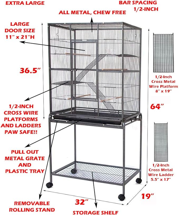 64" Extra Large Wrought Iron Chewproof 4-Levels Tight 1/2-inch Bar Spacing Ferret Squirrel Chinchilla Sugar Glider Rats Mice Cage with Detachable Rolling Stand