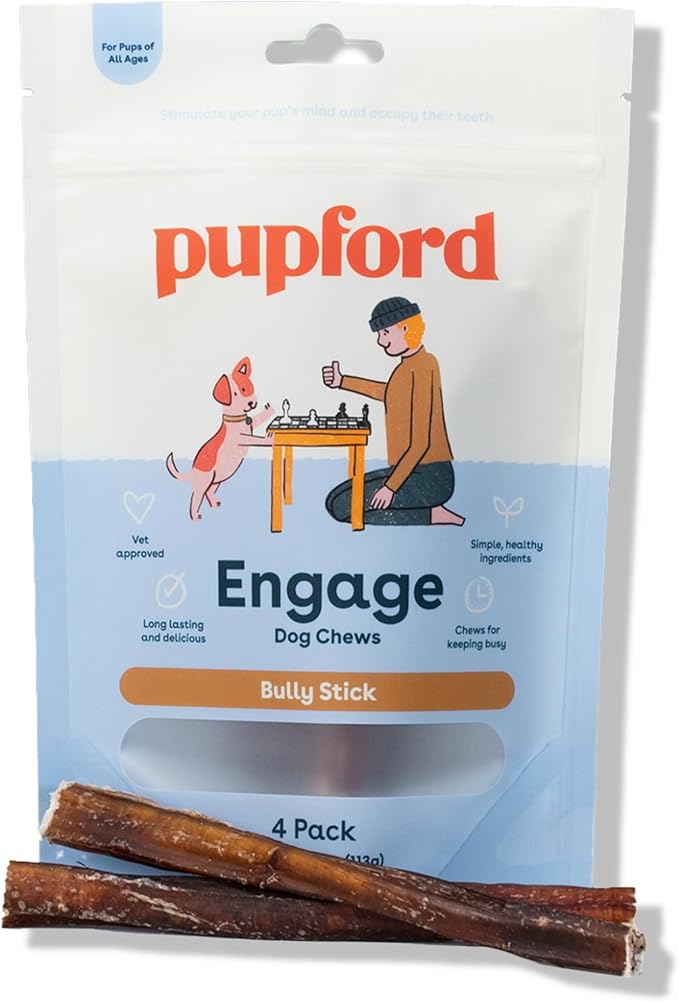 Pupford Thick Bully Sticks for Dogs & Puppies, Smoked for Improved Smell, Natural, Long-Lasting, Single Ingredient Chews for Small & Medium Breeds (6", 4 Count)