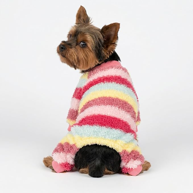 Fitwarm Fuzzy Striped Dog Fleece Pajamas, Warm Winter Clothes for Small Dogs Girl, Cozy Pet Outfit with Feet, Pink, Red, Yellow, XL