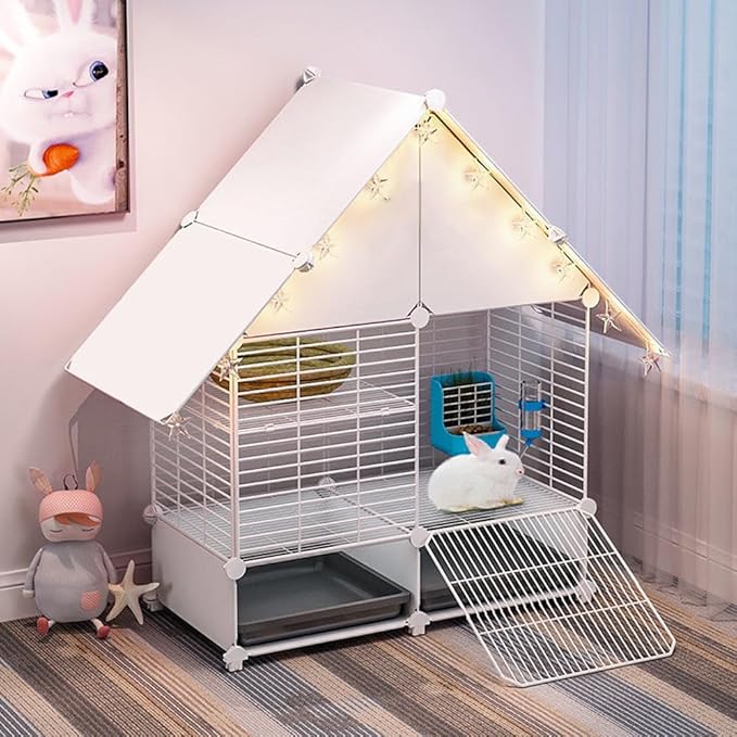 Choowin 2-Story Small Rabbit Cage Bunny Hutch Guinea Pig Cage Small Animals Cage, Metal Wire Netting Villa with Pull-Out Tray, Indoor Habitat Cage for Ferret Chinchilla Hedgehog, White