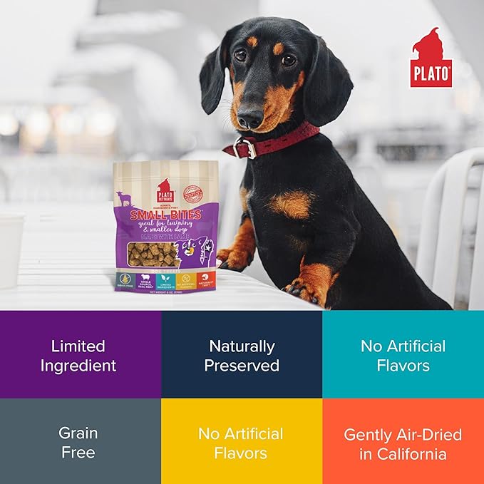 Plato Pet Treats Small Bites - Air-Dried Training Treats for Dogs - Supports Healthy Digestion - Limited Ingredients - Lamb 6oz