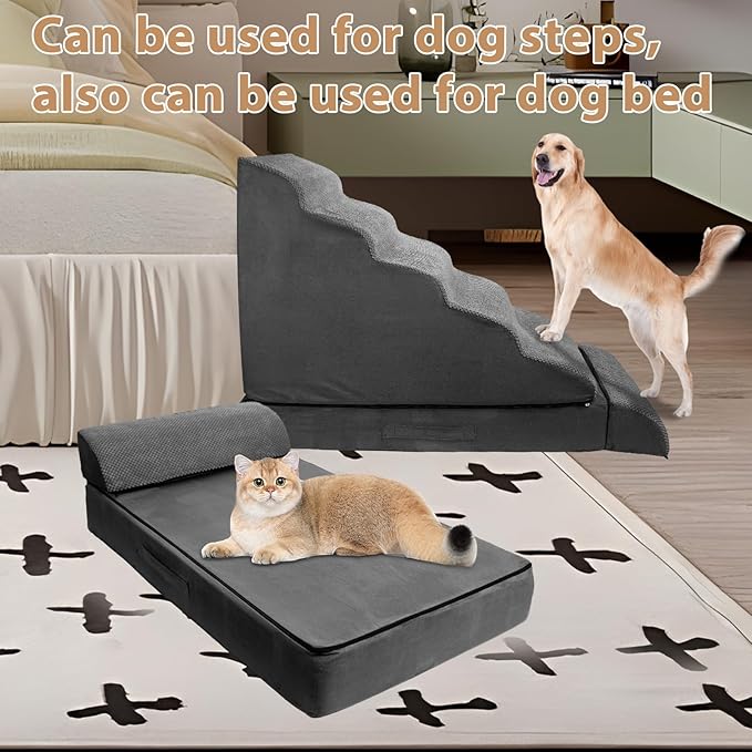 Dog Stairs for High Beds 30-36 inches Tall, 6-Step Pet Stairs/Steps for High Bed 32-36 inches for Small Large Dogs, Foam Dog Steps for Beds for Old Dogs/Cats, Dark Grey