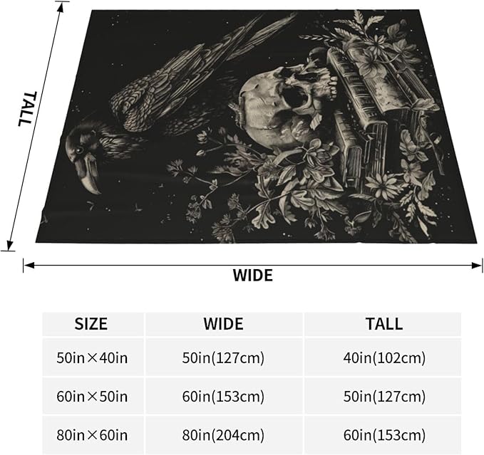 Raven and Skull Blanket Gifts for Women Men Adults Gothic Lovers, Goth Book Plush Fleece Throw Blankets, Cozy Soft Warm Bedding Decor for Sofa Living Room Travel 40"x50"