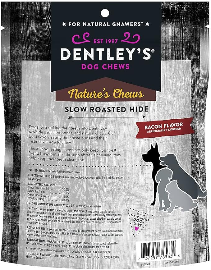 Dently Nature`s Chews Slow Roasted Hide Bacon Flavor for Heavy Chewers 5 oz Bag / Plus 1-Doggie Waste Roll