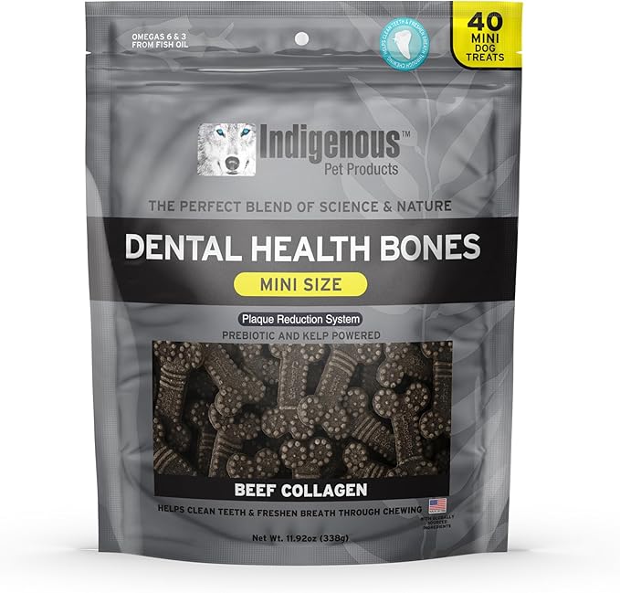 Indigenous Pet Dental Health Bones Mini – Beef Collagen (11.92 Ounce) | Grain-Free Dog Chews with Prebiotics & Omegas | Freshens Breath, Supports Digestive, Skin & Coat Health |