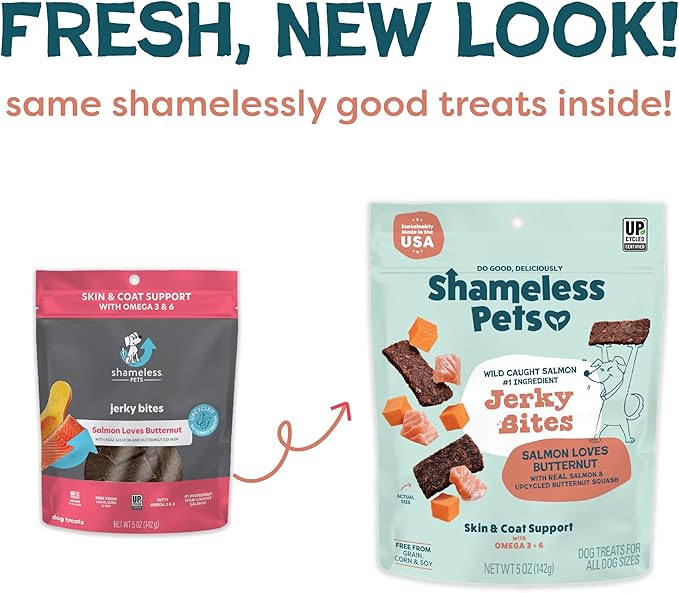 Shameless Pets Jerky Bites Treats, Salmon Loves Butternut- Healthy Dog Chews for Skin & Coat Support with Omega 3 and 6- Dog Treats with Real Wild-Caught Salmon- Free from Grain, Corn & Soy - 14 oz