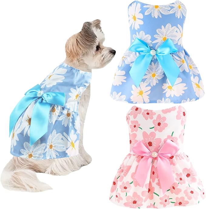 2 PCS Dog Dresses Small Dogs Clothes Outfit for Pets Puppy Dresses Floral Summer Cute Female Cat Dress(Medium)