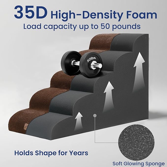 GoGoBunny Ramp Dog Stairs for High Beds 24.4" H, 5-Step Extra Wide Dog Slope Stairs with Durable Waterproof Fabric Cover, Pet Steps for Old Large Dogs Climbing, Non-Slip Sturdy Indoor Step, Brown