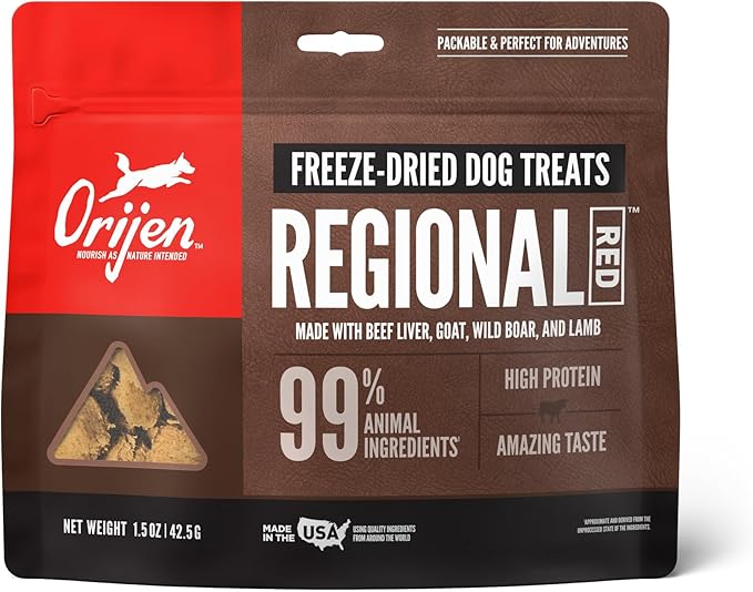 ORIJEN Grain Free High Protein Freeze Dried Dog Treats Regional Red Recipe 1.5oz Bag