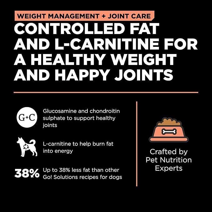 Go! Solutions Weight Management + Joint Care Salmon Grain-Free Dry Dog Food, Premium Kibble for Adults & Seniors with Added Glucosamine & Chondroitin for Healthy Mobility, 22 lb Bag