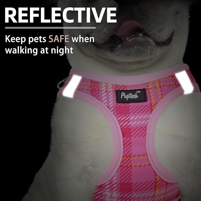 PUPTECK Dog Harness and Leash Set for Small Medium Dogs No Pull Step-in Soft Mesh Puppy Cat Vest Harnesses Reflective at Night, Plaid Pattern Pink S