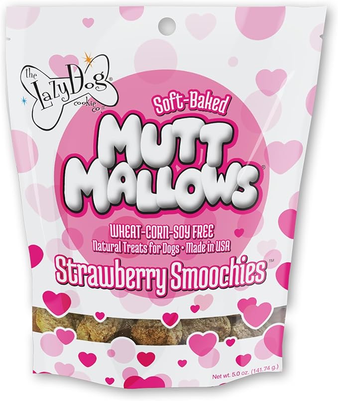 The Lazy Dog Cookie Co. Soft Dog Treats, Mutt Mallows Strawberry Smoochies, for Small, Medium and Large Dogs, Wheat-Free, Baked in The USA, 5 oz. (Pack of 2) Strawberry