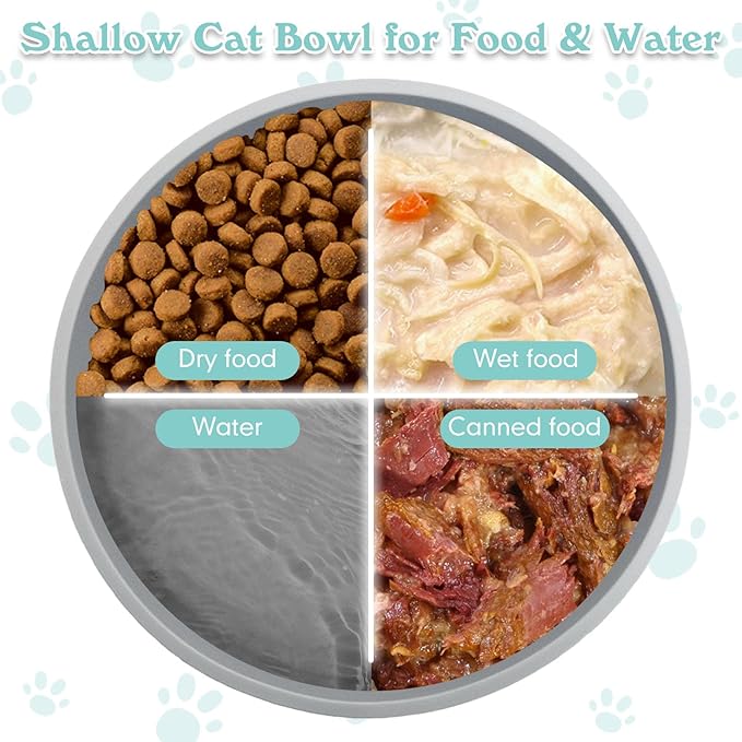 Silicone Cat Food Bowls Shallow Cat Dishes 5.9in Wide Pet Plates Set of 2 Small Flat Dog Saucer Bowl Cute Whisker Fatigue Kitten Feeding Dish for Dry & Wet Food (Round Grey)