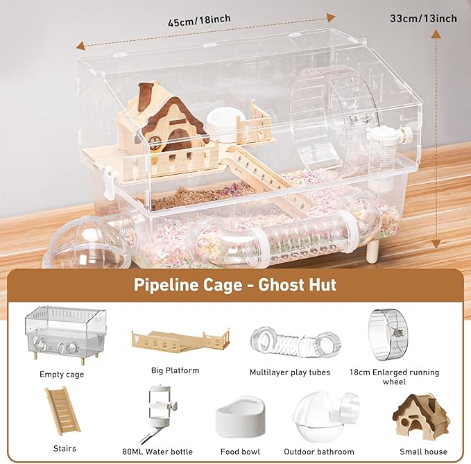 Hamster Cage 8 in 1 with All Accessories, Acrylic Hamster Cages with Full Transparent Viewing, Excellent Ventilation, Castle Habitat, Dwarf Hamster Cage Suitable for Gerbil, Mice, Other Small Animals