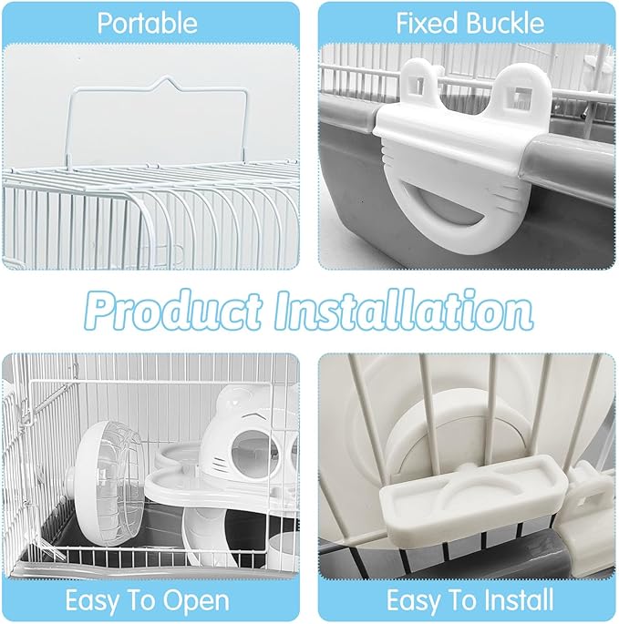 PINVNBY Dwarf Hamster Cage, Small Animal Cages, 2-Tier Travel Portable Mouse Cage Hamster Carrier with Castle House Running Exercise Wheels, Water Bottle and Food Dish（Gray）