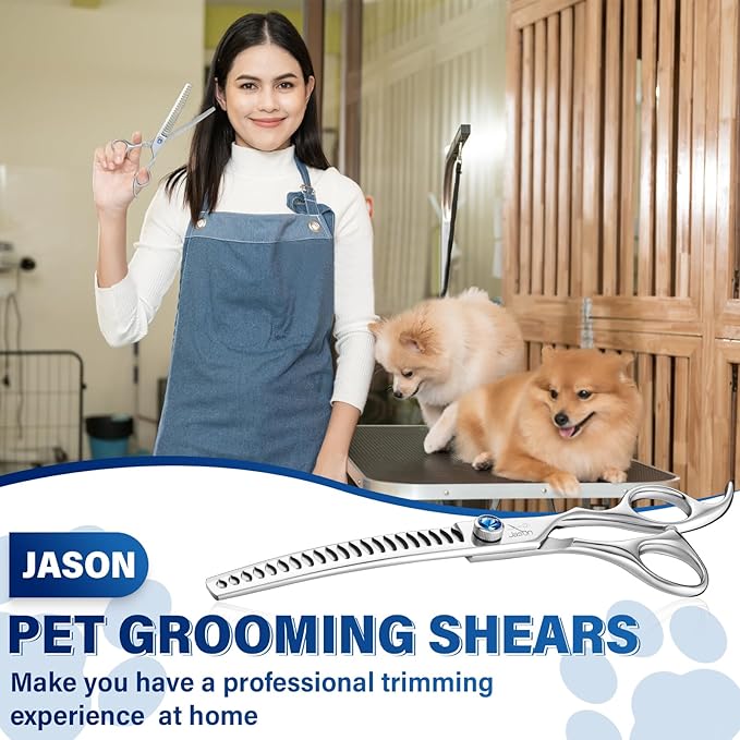JASON 7" Curved Chunker - Ergonomic Dog Grooming Scissors - Silver - 440C Stainless Steel - Professional Dog Shears For Groomer (21-Teeth)