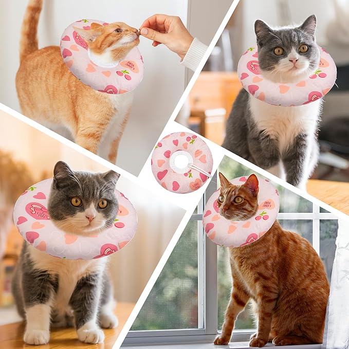 Seyezo Cat Cone Soft Collar, Adjustable Cat Recovery Collar for Small Medium Large Cats, Cute Donut E Collar After Surgery, Anti-Lick Wound Healing Elizabethan Collar for Kittens (Pink Heart, Large)
