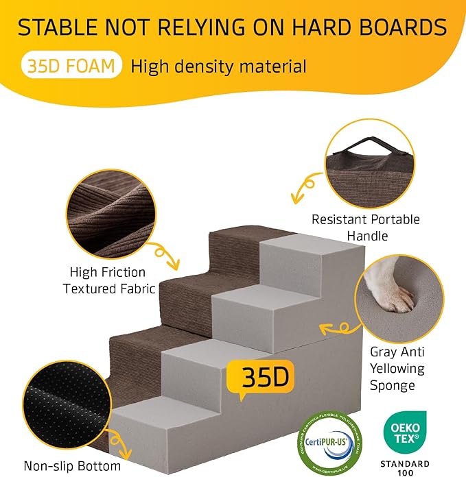 ABCPET Dog Stairs for High Bed, Dog Steps for Bed Couch Sofa, 35D Foam Extra Wide Pet Steps for Small Dogs and Cats, Pet Stairs with Non-Slip Bottom Brown, 4 Steps