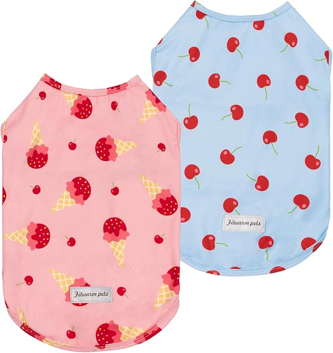 Fitwarm 2 Pack Ice Cream & Cherry UPF 50+ UV Sun Protection Dog Shirt, Lightweight Cooling Vest, Quick Dry Summer Clothes for Small Dogs Girl, Pet Outfit, Pink, Light Sky Blue, Large