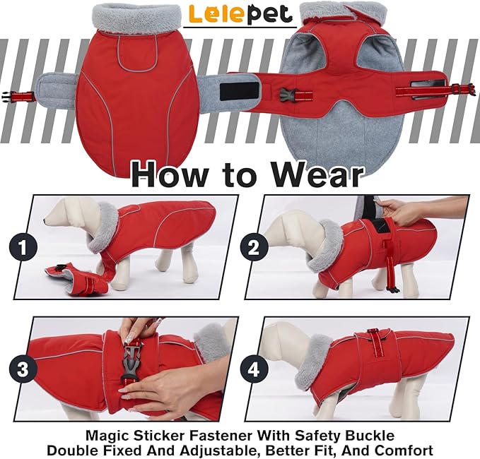 Lelepet Warm Dog Coat Waterproof Dog Jacket Reflective Fleece Vest with Adjustable Buckle Hook & Loop, Windproof Winter Jacket Dogs Coats for Small Medium Large Dogs, Red, XL