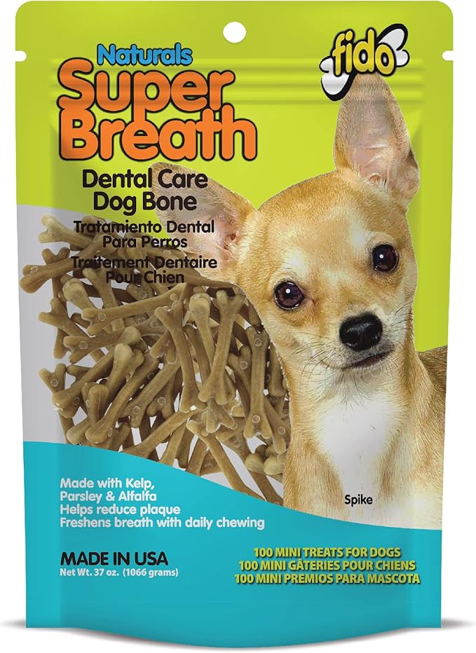 FIDO - Super Breath Dental Care Bones for Dogs - 100 Count Mini Dog Dental Treats for Extra Small Dogs, Made in USA, Tasty Dog Dental Chews Help Reduce Plaque, Tartar Buildup & Freshens Breath