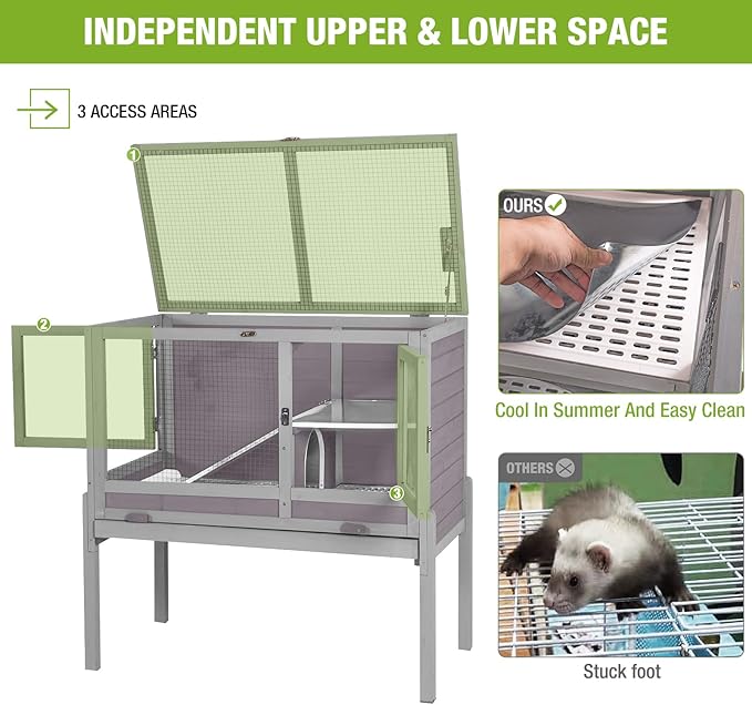 Wooden Guinea Pig Cages Indoor,Two-Story Wooden Rabbit Cage Hutch with Removable Stand and Pull Out Tray, Small Animals Cage Habitat with Ramp and Plastic Mesh(Grey&Purple)