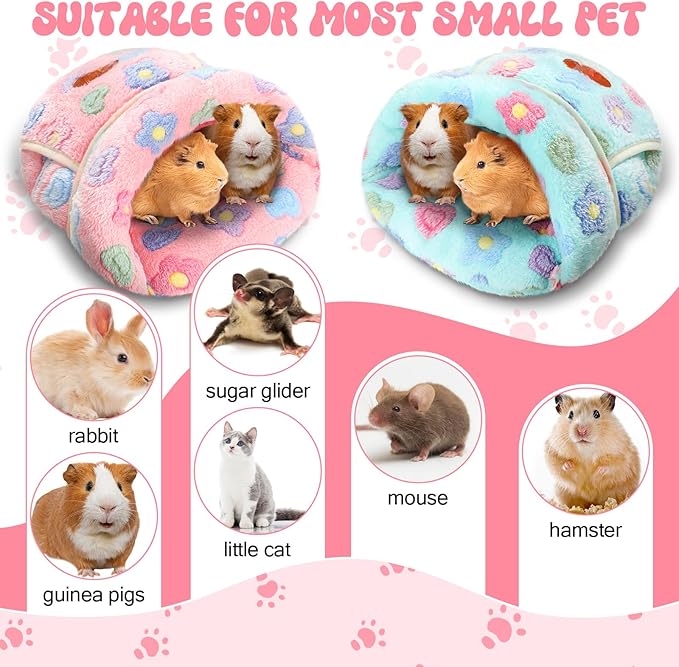 Wenqik 2 Pcs Guinea Pig Hideouts Guinea Pig Bed Washable Bunny Bedding Cuddle Warm Small Pet Sack Supplies Portable Pet Carrier Cage Nest Accessories for Cage(Green, Pink,Flowers)
