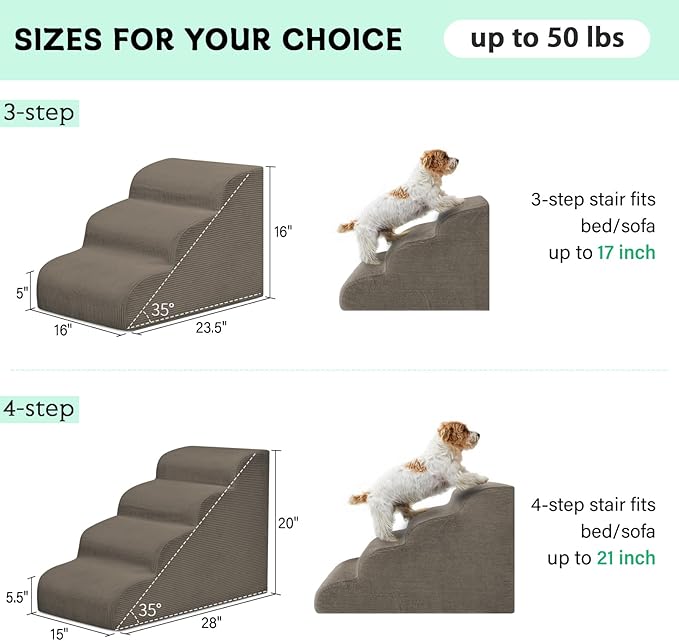 Mesa Lemon Dog Steps for Small Dogs, 3-Step Pet Ramp Stairs for High Beds and Sofa, Non-Slip Pet Stairs for Small Dogs and Cats, Removable and Easy to Clean Cover, Light Brown