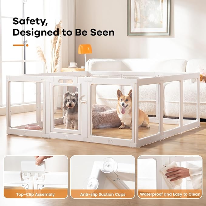 Clear Acrylic Dog Playpen Indoor, Puppy Cat Small Pet Play Pen, Pet Cat Playpen for Rabbits, Dog Fence Crate Kennel Whelping Cage (30", White, 12 Panel)