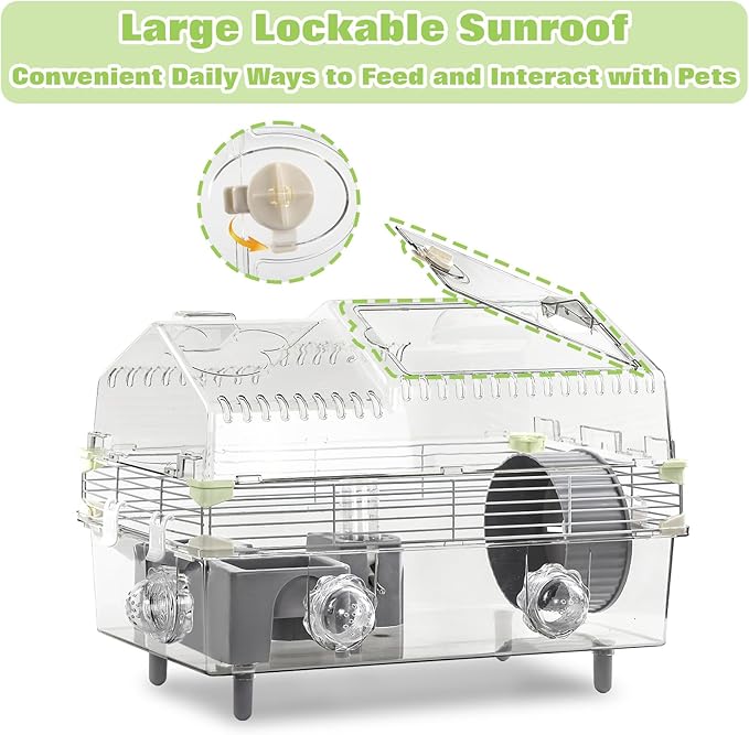 Hamster Cage Starter Kit 22″Lx12″Wx15″H with Combination of Bathtub & Food Bowl & Steps, φ6″ Exercise Wheel, Water Bottle, Sunroof, Lockable Door, Transparent/Gray