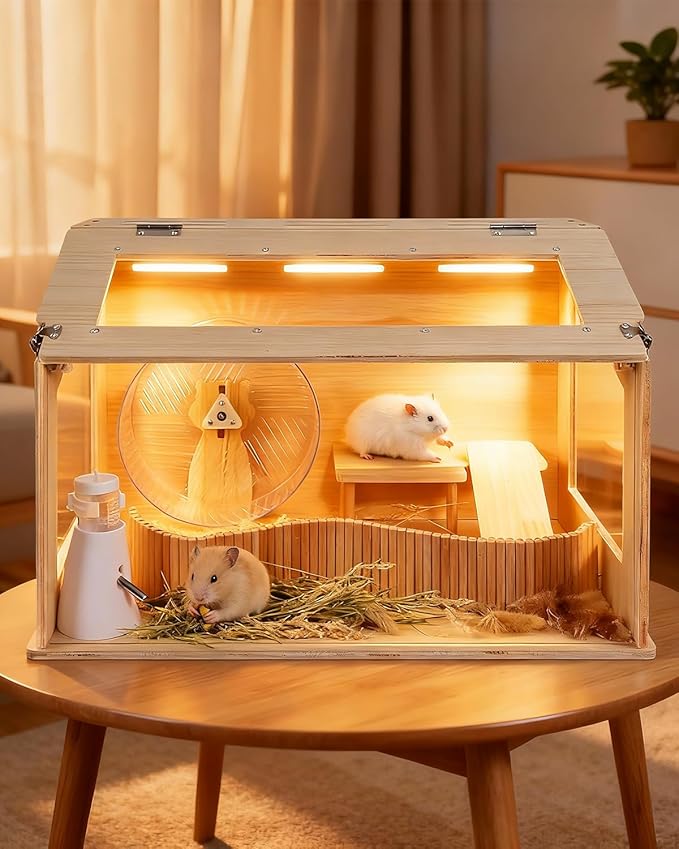 Wooden Hamster Cage and Habitat, Animal Cabinet for Dwarf Syrian Hamsters Degus, Complete Set of Needed Accessories, Openable Top with Acrylic Sheets, 24" L x 16 W x 16 H
