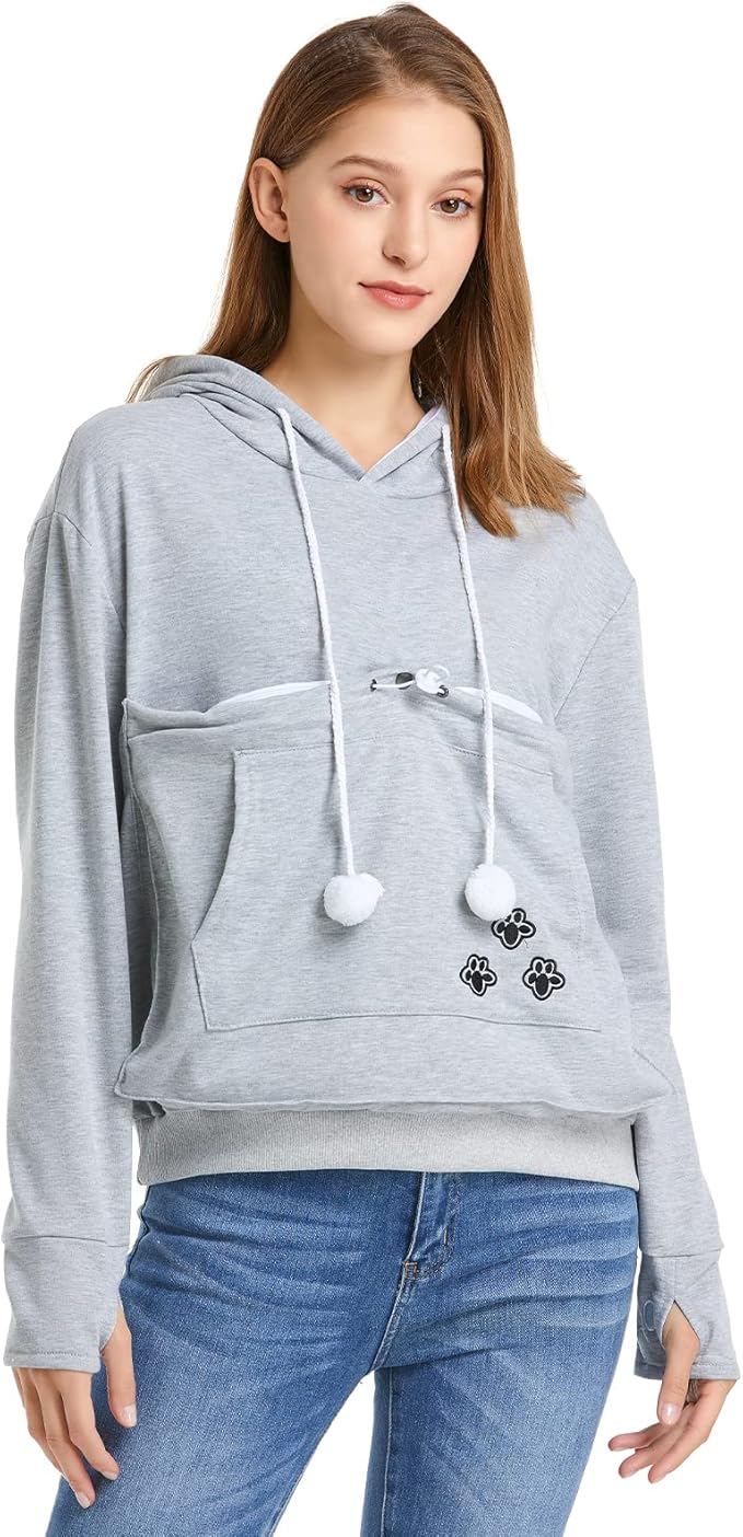 ALYC Unisex Hoodies Pet Holder Cat Dog Large Pouch Carriers Pullover with Cat Printing Sweatshirt (Light Grey- Classic Version, XXL)