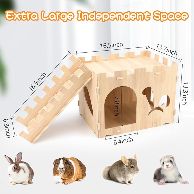BWOGUE Extra Large Wooden Rabbit Castle Bunny House and Hideouts Detachable Small Animal Play Hideaway Hut for Indoor Adult Rabbit Guinea Pig Chinchilla Habitat