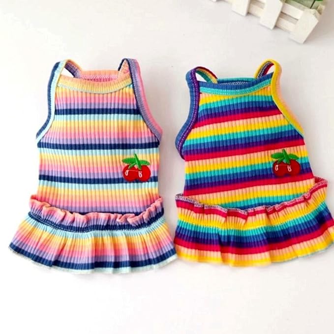 Dog Rainbow Stripe Dress Summer Cat Outfits Soft Breathable Cotton Outfits Clothes for Small Medium X-L XX-L Girls Puppy Lightweight Pet Dresses
