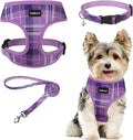SCENEREAL No Pull Dog Harness Collar and Leash Set Small Medium Sized Dog, Soft Mesh Puppy Harnesses, No Chock Plaid Adjustable Pet Vest for Outdoor Walking Training and Running, Purple XS
