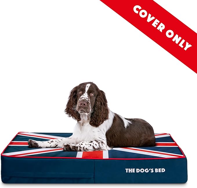 The Dog’s Bed Replacement Outer Cover, Oxford Fabric, Blue with Red Trim & UK Center Flag, Large, 6-Inch